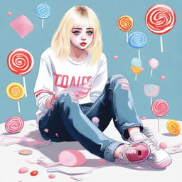 This digital art image showcases an 18-year-old woman with white blonde hair, kneeling on the ground as she gently strokes her body