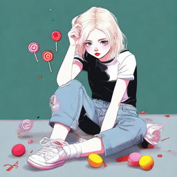 This digital art image showcases an 18-year-old woman with white blonde hair, kneeling on the ground as she gently strokes her body