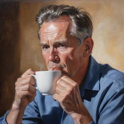 A detailed painting of a man fully engrossed in his morning ritual of sipping a cup of freshly brewed hot coffee.