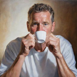 A detailed painting of a man fully engrossed in his morning ritual of sipping a cup of freshly brewed hot coffee.