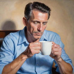 A detailed painting of a man fully engrossed in his morning ritual of sipping a cup of freshly brewed hot coffee.