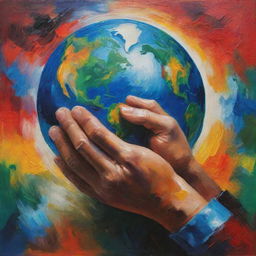 A painting-like image of a compassionate arm hugging the vibrant Earth, styled with bold strokes, rich colours and texture, imitating the style of classical painting while embodying the love for our planet.