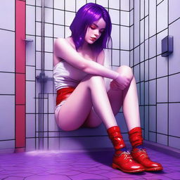 This is a striking digital art image featuring an 18-year-old woman with purple hair sitting in a shower