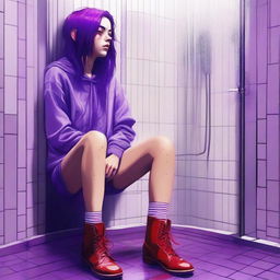 This is a striking digital art image featuring an 18-year-old woman with purple hair sitting in a shower