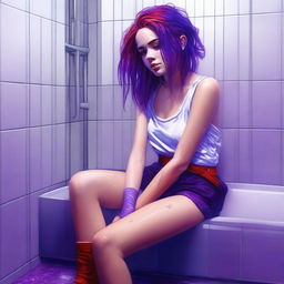 This is a striking digital art image featuring an 18-year-old woman with purple hair sitting in a shower