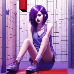 This is a striking digital art image featuring an 18-year-old woman with purple hair sitting in a shower