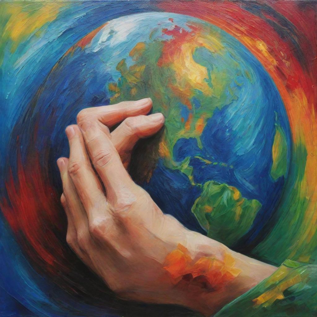 A painting-like image of a compassionate arm hugging the vibrant Earth, styled with bold strokes, rich colours and texture, imitating the style of classical painting while embodying the love for our planet.