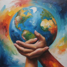 A painting-like image of a compassionate arm hugging the vibrant Earth, styled with bold strokes, rich colours and texture, imitating the style of classical painting while embodying the love for our planet.