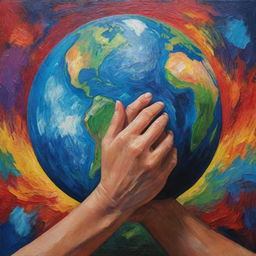 A painting-like image of a compassionate arm hugging the vibrant Earth, styled with bold strokes, rich colours and texture, imitating the style of classical painting while embodying the love for our planet.