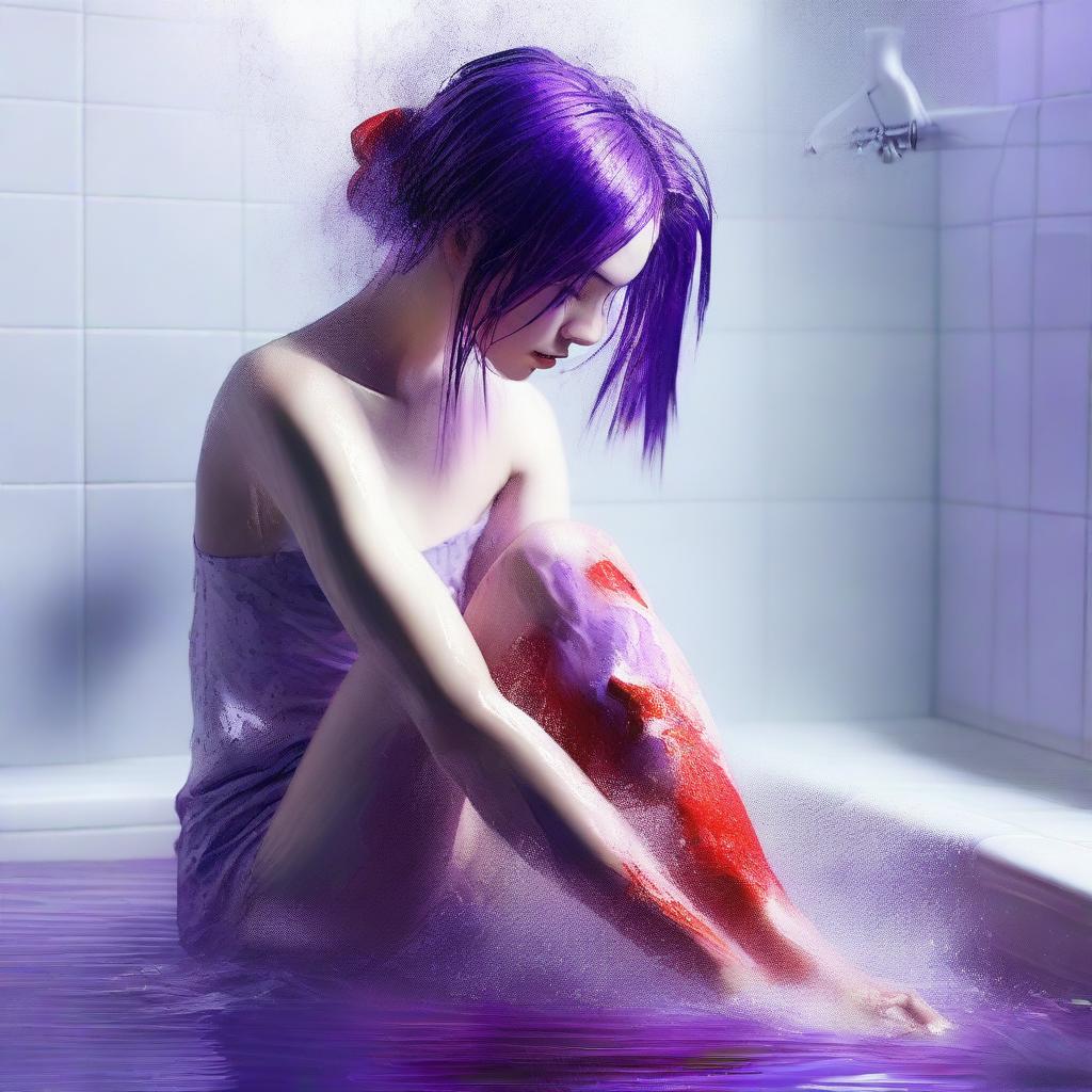 A vibrant digital art image captures an 18-year-old woman with purple hair sitting in the shower, wearing purple and white stockings and a red belt