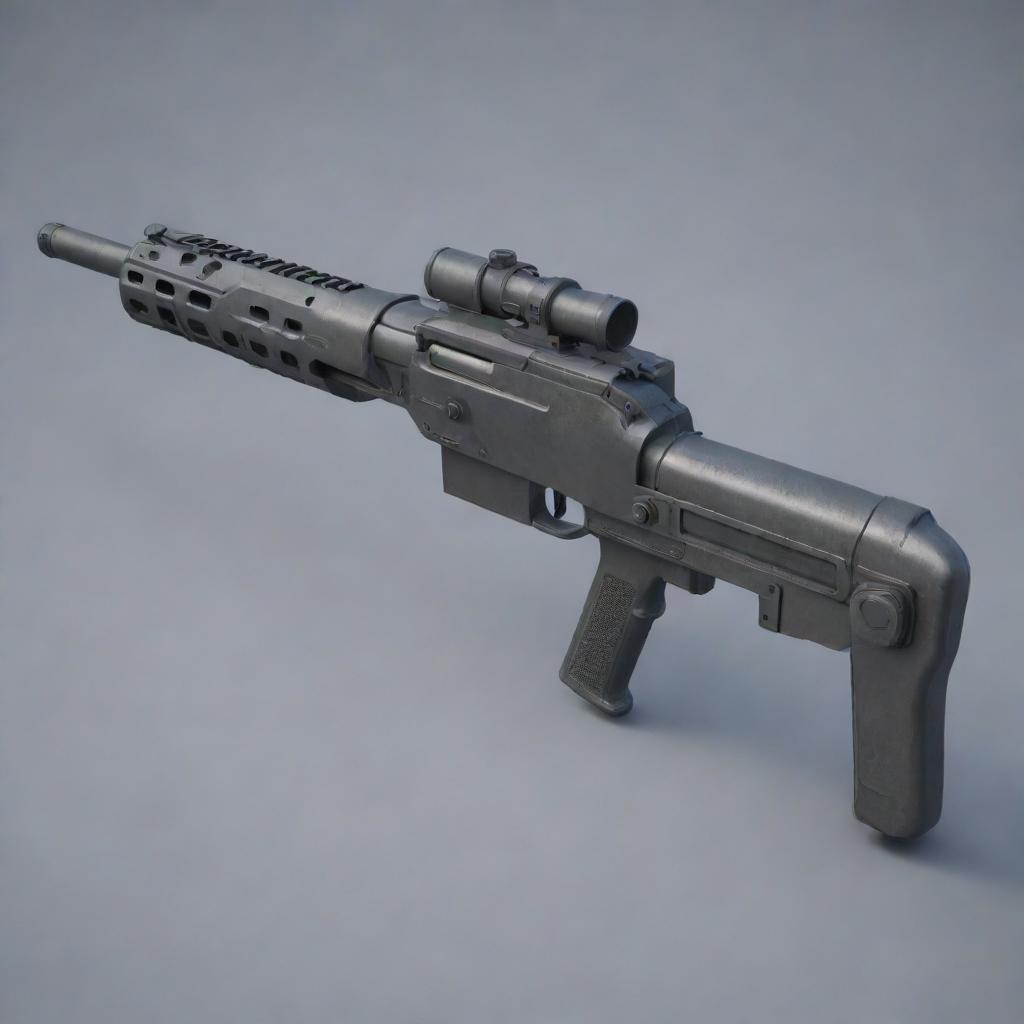 A stylized anime rendering of a halberd-machine gun hybrid weapon, showcasing sharp edges and mechanical complexity.