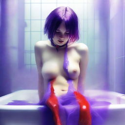 A vibrant digital art image captures an 18-year-old woman with purple hair sitting in the shower, wearing purple and white stockings and a red belt