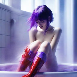 A vibrant digital art image captures an 18-year-old woman with purple hair sitting in the shower, wearing purple and white stockings and a red belt