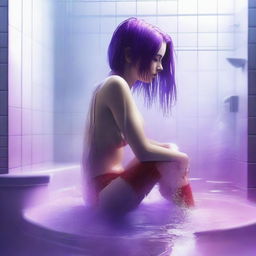 A vibrant digital art image captures an 18-year-old woman with purple hair sitting in the shower, wearing purple and white stockings and a red belt