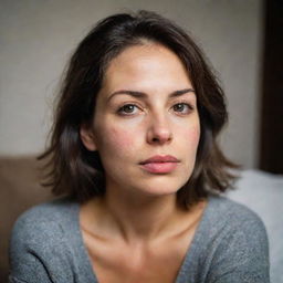 HDR portrait of an American woman with full lips, natural skin, and skin moles during a cozy evening at home. She looks away thoughtfully, radiating an introspective calm, photographed from an over-the-shoulder angle.