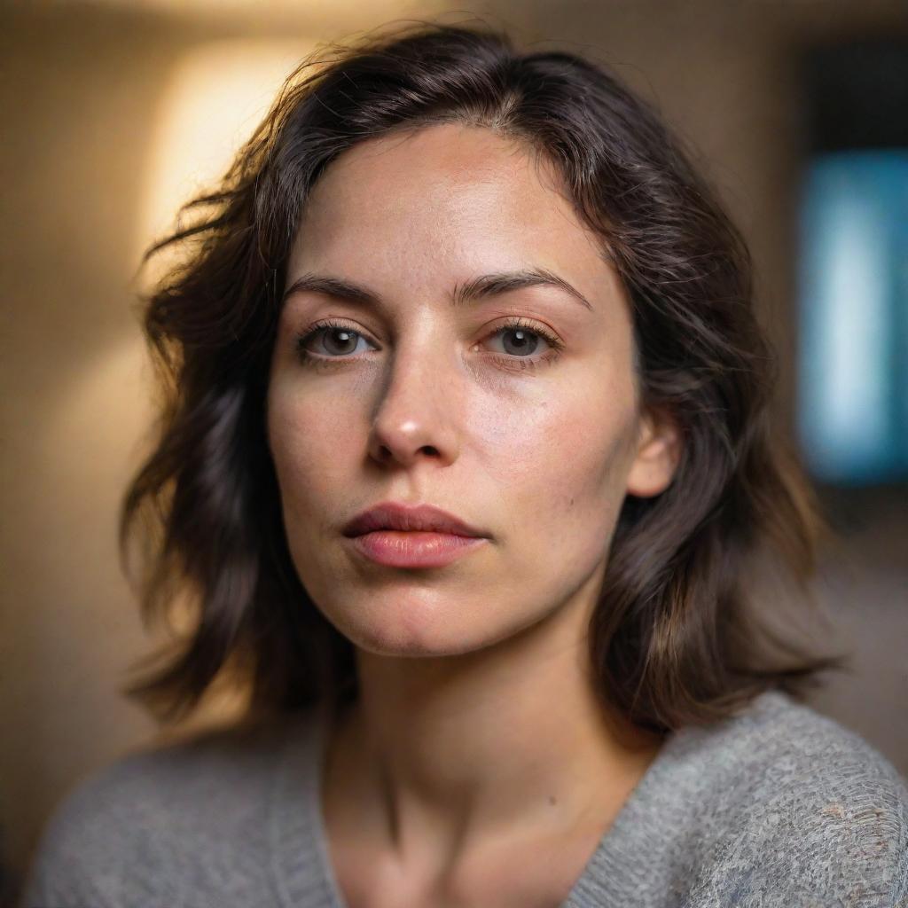 HDR portrait of an American woman with full lips, natural skin, and skin moles during a cozy evening at home. She looks away thoughtfully, radiating an introspective calm, photographed from an over-the-shoulder angle.