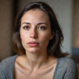 HDR portrait of an American woman with full lips, natural skin, and skin moles during a cozy evening at home. She looks away thoughtfully, radiating an introspective calm, photographed from an over-the-shoulder angle.