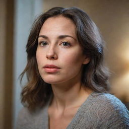 HDR portrait of an American woman with full lips, natural skin, and skin moles during a cozy evening at home. She looks away thoughtfully, radiating an introspective calm, photographed from an over-the-shoulder angle.