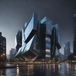 A futuristic architectural design for a building with mechanized, robotic features, sharp edges, and gleaming metal surfaces pouring a torrent of floodlights amidst a dark cityscape.