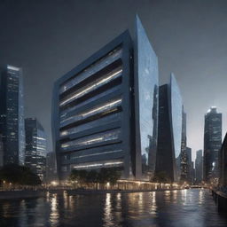 A futuristic architectural design for a building with mechanized, robotic features, sharp edges, and gleaming metal surfaces pouring a torrent of floodlights amidst a dark cityscape.