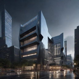 A futuristic architectural design for a building with mechanized, robotic features, sharp edges, and gleaming metal surfaces pouring a torrent of floodlights amidst a dark cityscape.