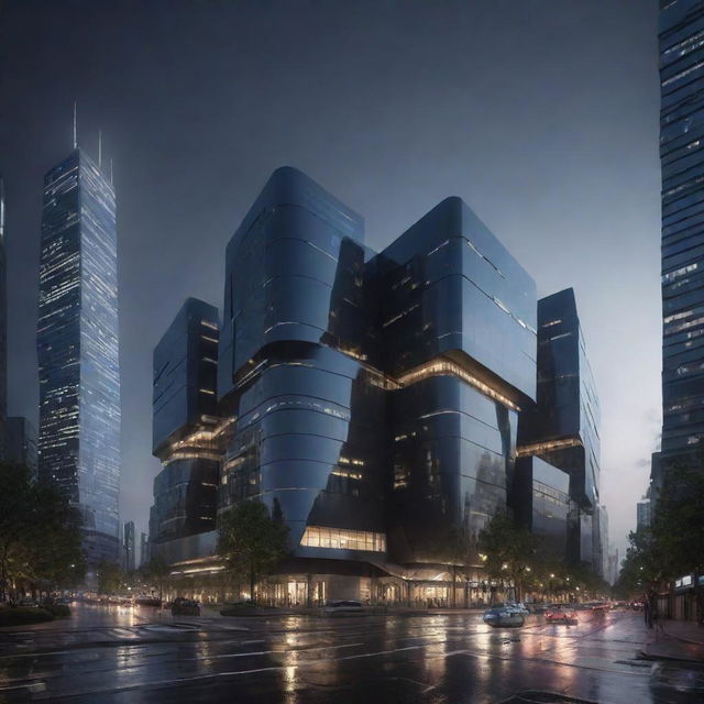 A futuristic architectural design for a building with mechanized, robotic features, sharp edges, and gleaming metal surfaces pouring a torrent of floodlights amidst a dark cityscape.