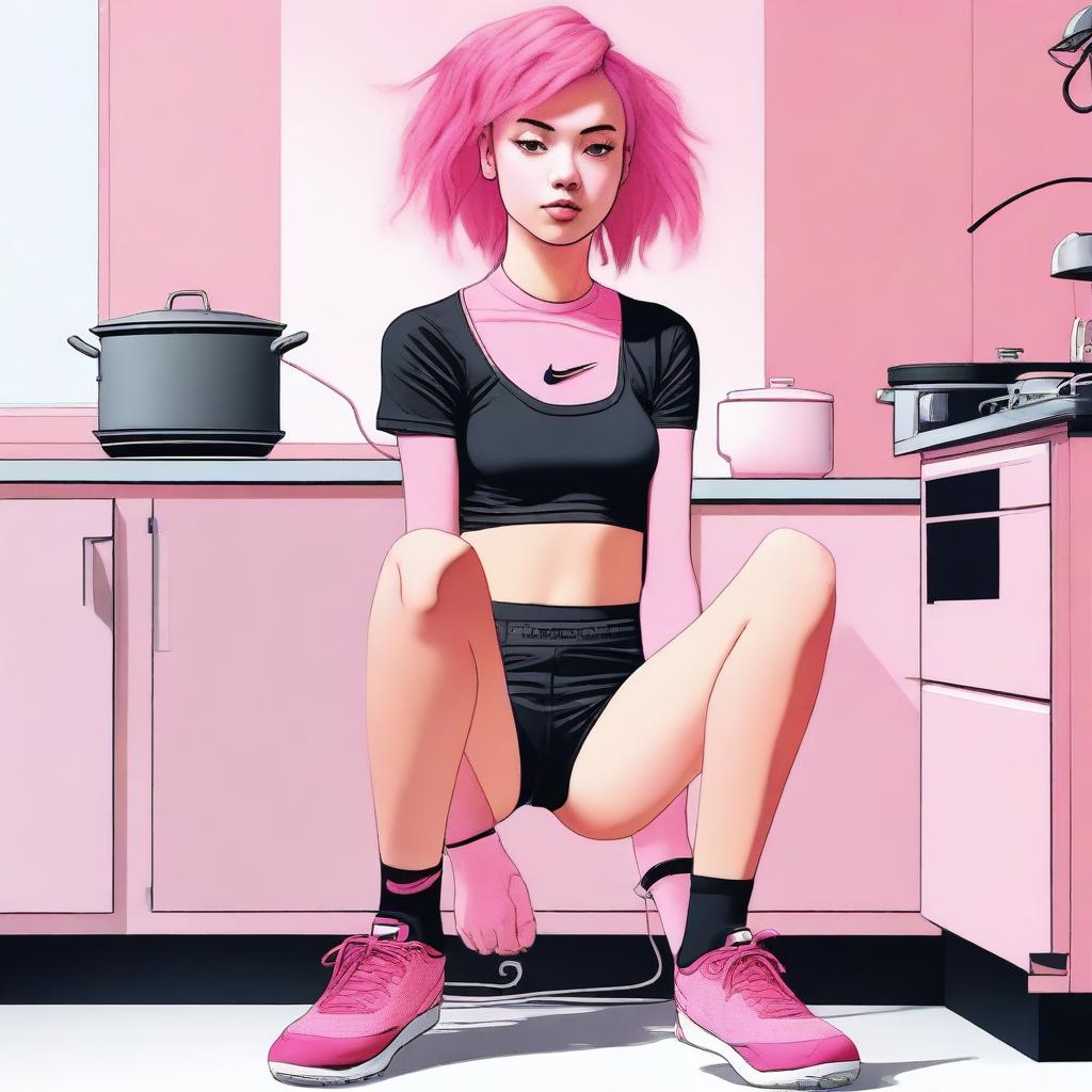 This digital art image displays an 18-year-old woman with pink hair sitting on a stove