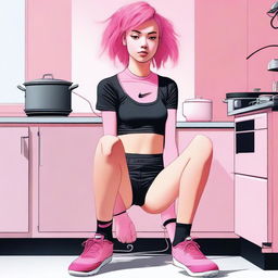 This digital art image displays an 18-year-old woman with pink hair sitting on a stove