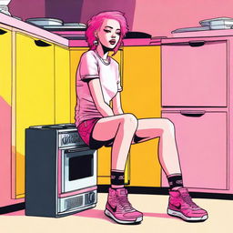 This digital art image displays an 18-year-old woman with pink hair sitting on a stove