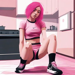 This digital art image displays an 18-year-old woman with pink hair sitting on a stove