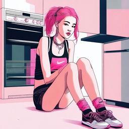 This digital art image displays an 18-year-old woman with pink hair sitting on a stove