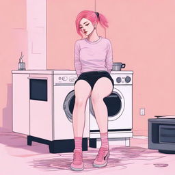 A high-quality digital art image displays an 18-year-old woman with pink hair, sitting on a stove