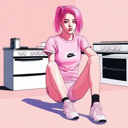 A high-quality digital art image displays an 18-year-old woman with pink hair, sitting on a stove