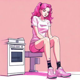 A high-quality digital art image displays an 18-year-old woman with pink hair, sitting on a stove