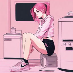 A high-quality digital art image displays an 18-year-old woman with pink hair, sitting on a stove