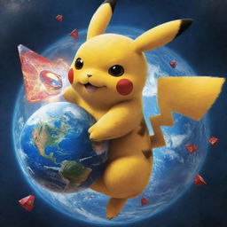 Pikachu holding a vividly detailed Earth in his hand, locked in a dynamic battle with Superman.