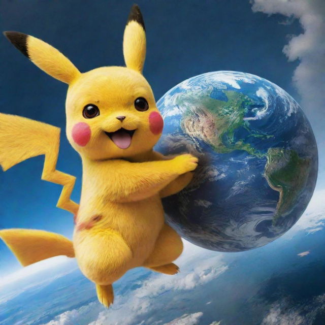 Pikachu holding a vividly detailed Earth in his hand, locked in a dynamic battle with Superman.