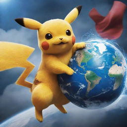 Pikachu holding a vividly detailed Earth in his hand, locked in a dynamic battle with Superman.