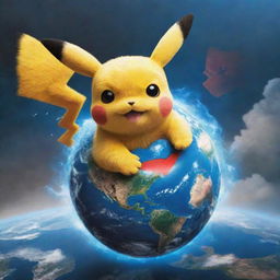 Pikachu holding a vividly detailed Earth in his hand, locked in a dynamic battle with Superman.