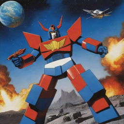 Voltes V locked in an intense battle with Voltron in space with a dramatically detailed Earth experiencing destruction in the background.