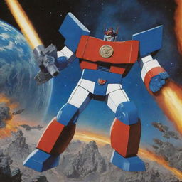 Voltes V locked in an intense battle with Voltron in space with a dramatically detailed Earth experiencing destruction in the background.