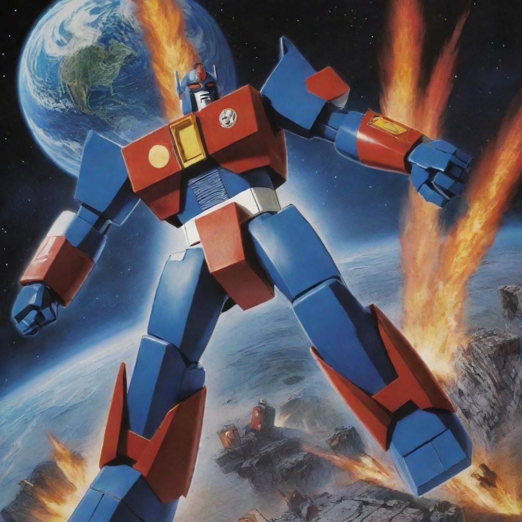 Voltes V locked in an intense battle with Voltron in space with a dramatically detailed Earth experiencing destruction in the background.