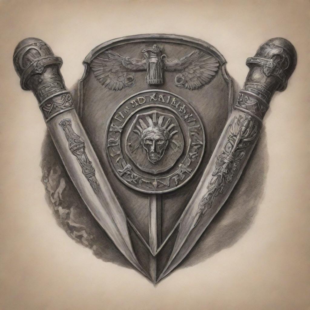 A tattoo design featuring ancient Roman elements such as a gladius sword, a shield, and a praetorian guard.