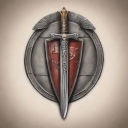 A tattoo design featuring ancient Roman elements such as a gladius sword, a shield, and a praetorian guard.