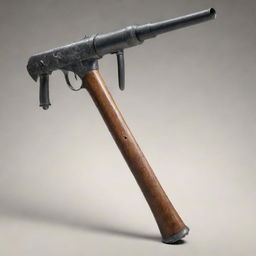 An imaginative fusion of old and new warfare: a long-handled axe with an optical scope attached, from which an automatic gun barrel protrudes.