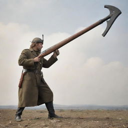 An imaginative fusion of old and new warfare: a long-handled axe with an optical scope attached, from which an automatic gun barrel protrudes.