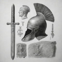 A black and white drawing showcasing elements of ancient Rome, including SPQR inscription, a gladius sword, and a Roman helmet.