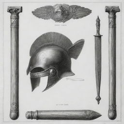 A black and white drawing showcasing elements of ancient Rome, including SPQR inscription, a gladius sword, and a Roman helmet.