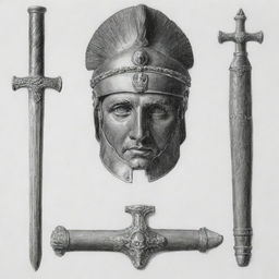 A black and white drawing showcasing elements of ancient Rome, including SPQR inscription, a gladius sword, and a Roman helmet.