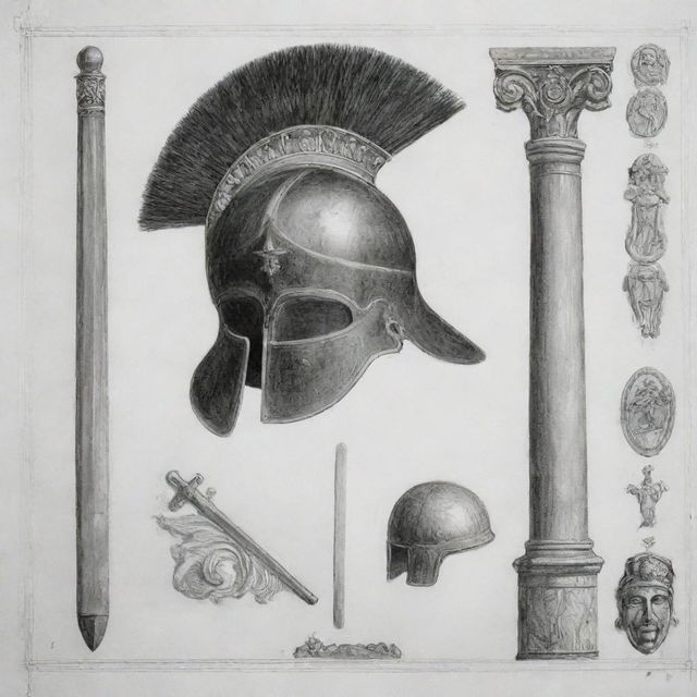 A black and white drawing showcasing elements of ancient Rome, including SPQR inscription, a gladius sword, and a Roman helmet.